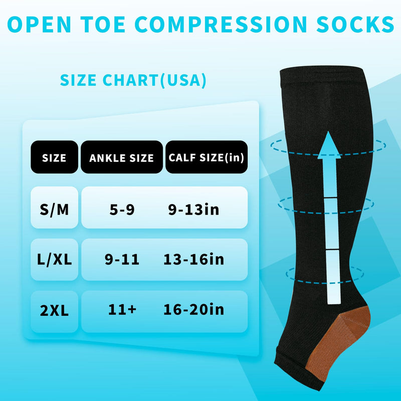 Open Toe Compression Socks 15-20 mmHg for Women and Men Knee High Toeless Circulation Compression Stockings Large-X-Large Black/Nude