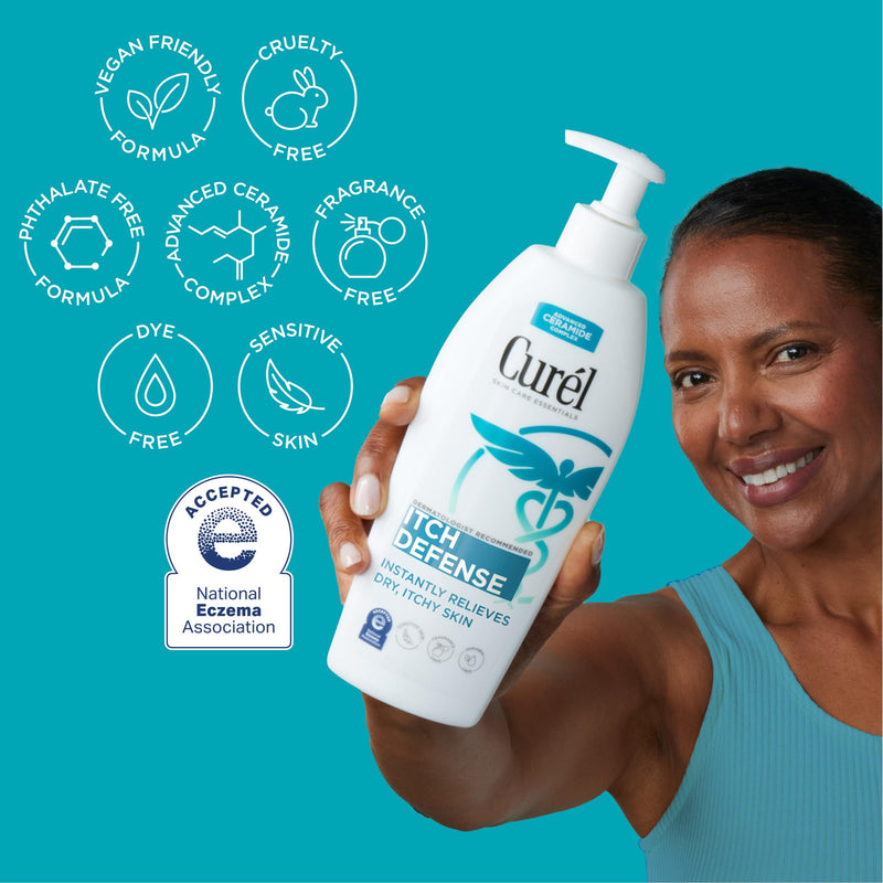 Curel Itch Defense Calming Body Lotion, Moisturizer for Dry, Itchy Skin, Body and Hand Lotion, with Advanced Ceramide Complex, Pro-Vitamin B5, Shea Butter, 13 Oz | Soothes Itchy Skin, Prevents Eczema Flare-Ups, Ceramide Moisturizer, Fragrance-Free, Der...