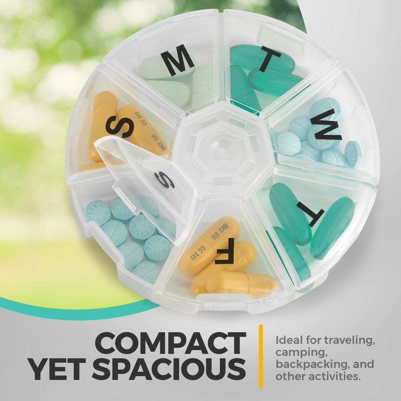 Weekly Pill Organizer - (Pack of 2) 7 Day Pills Container, Round Medicine Organizer Box, Daily Week Pill Reminder Case Travel Friendly, BPA-Free Vitamin, Supplement, Fish Oil, Medication Planner