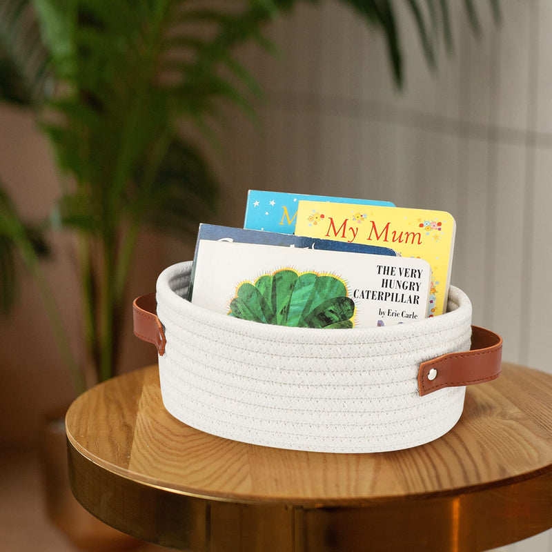 [Australia] - ABenkle Small Woven Basket, Mini Cotton Rope Storage Basket, Tiny White Easter Basket, Shelf Basket, Oval Decorative Toy Dog Cat Basket for Nursery, Kids Room, Empty Gift Basket, 9.4" x 5.9" x 3.9" XS 