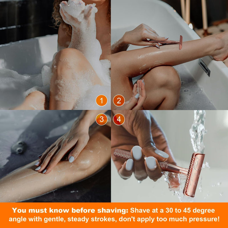 Rose Gold Safety Razor with Stand - Single Blade Razors for Women - Reusable Metal Razor, with 10 Double Edge Blades, Smooth & Close Shave Rose Gold Razor with Stand