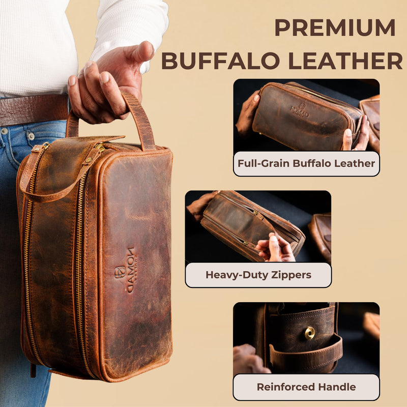 King Size Premium Leather Travel Toiletry Bag for Men and Women - Water-Resistant Dopp Kit - Mens Bathroom Bag, Shaving & Cosmetic Organizer - Toiletry Bag, Travel Bag Leather, Unisex Use