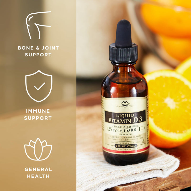 Solgar Liquid Vitamin D3 125 mcg (5,000 IU) - 2 fl oz, Pack of 2 - Natural Orange Flavor - Helps Maintain Healthy Bones & Teeth - Immune System Support - Gluten & Dairy Free - 118 Total Servings