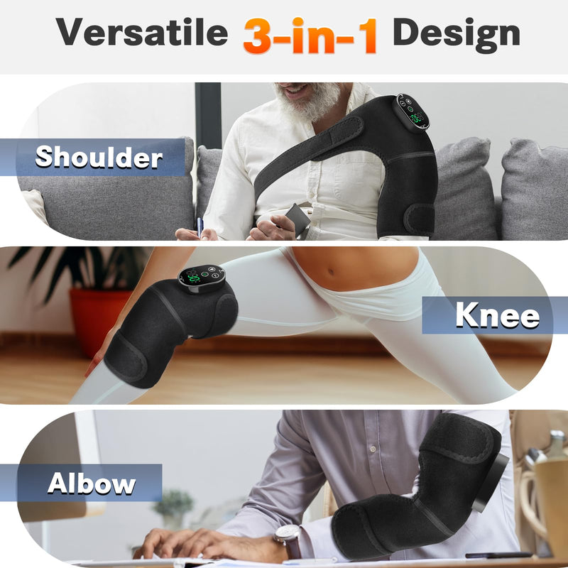 Heated Knee Massager, Cordless Knee Heating Pad with Massage, Knee Massager for Pain Relief, Adjustable Wrap for Knee, Shoulder, Elbow, 6 Heating Levels & 3 Massage Modes, Black 1pc Black