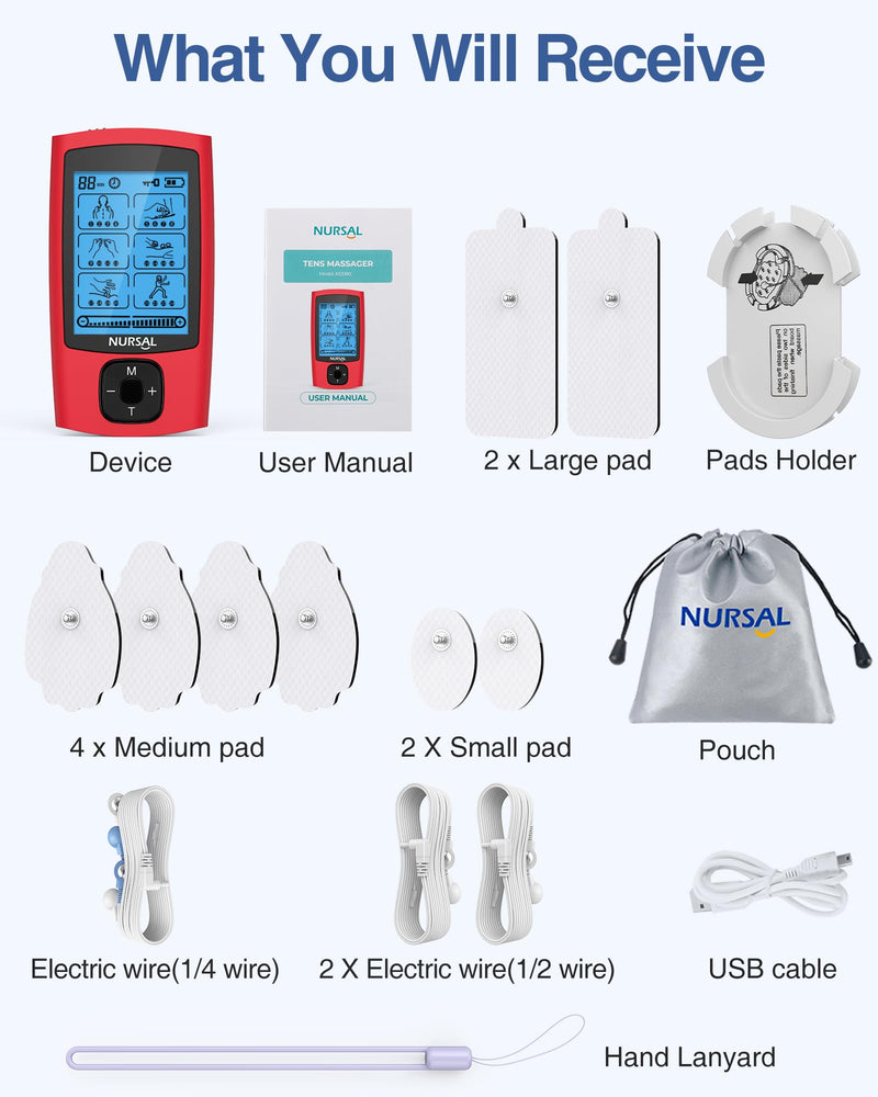 NURSAL 24 Modes TENS Unit Muscle Stimulator, Rechargeable Electronic Pulse Massager with 8 Pads for Back and Shoulder Pain Relief and Muscle Strength (Red) B-red