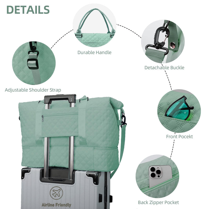 Weekender Bags for Women Travel Duffle Bag with Shoe Compartment Overnight Carry On Duffel Bag Gym Tote Bag with Toiletry Bag Light Green