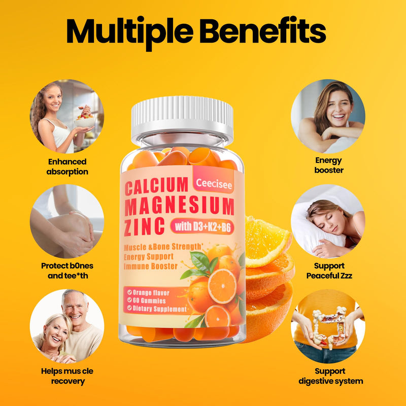 [Australia] - Calcium Magnesium Zinc Gummies with D3 &B6 &K2,1000mg Calcium Gummies with 300mg Magnesium Support Immune Energy for Adults and Teens,Sugar Free(120Count) Orange 60 Count (Pack of 2) 