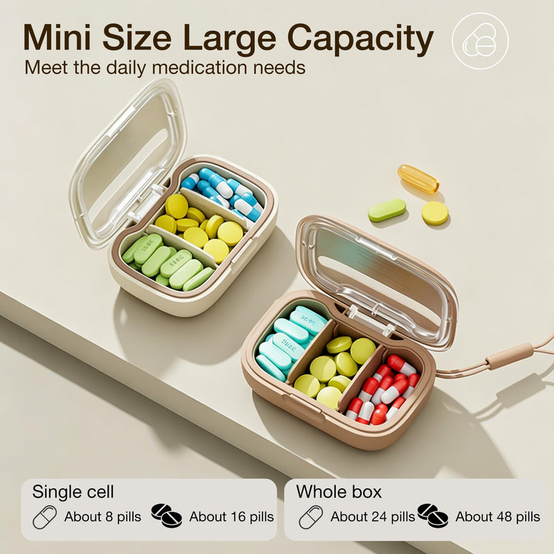 Small Pill Case, 3 Compartments Detachable Divider Travel Pill Organizer with Lanyard, BPA-Free Moisture Proof Pill Box for Vitamins Supplements Purse Pocket Outdoor Trip, Orange