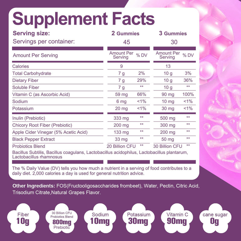 [Australia] - 10G Fiber Gummies for Adults, No Sugar Added Grape Flavor, Fiber Supplement with 30 Billion CFU Probiotics Blend, ACV, Vitamin C, Inulin, Support Digestive Health, 90 Count 90 Count (Pack of 1) 