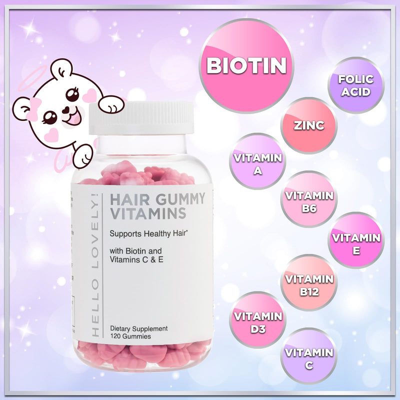[Australia] - Hello Lovely! Hair Vitamins Gummies with Biotin 5000 mcg Vitamin E & C Support Hair Growth, Premium Vegetarian Non-GMO, for Stronger Beautiful Hair, Skin & Nails Supplement - 120 Gummy Bears 120 Count (Pack of 1) 
