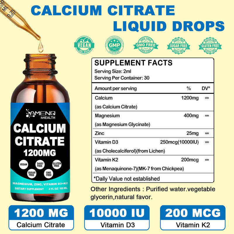 Calcium Citrate Supplement for Women, Calcium 1200 mg with Vitamin D3 Drops | High Absorption Liquid Calcium Magnesium Glycinate 400mg Plus Zinc Vitamin K2, Support Bone,Teeth & Heart Health, Non-GMO 2Oz