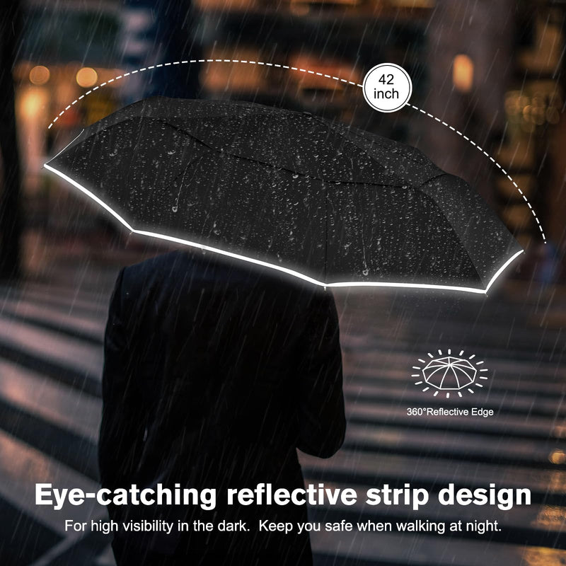 G4Free 2 Packs Windproof Portable Travel Umbrella for Rain & Sun, Strongest Fiberglass Frame, Eco Double Canopy with Reflective Strip, Auto Open Close Folding Umbrella For Car, Backpack, Purse