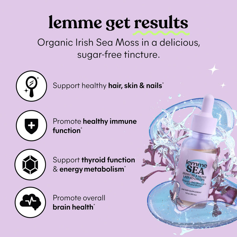 Lemme Irish Sea Moss Organic Liquid Drops with Vitamin D3, 30-Day Supply | Vitamin D3 & Biotin, Thyroid, Immunity, Hair Skin & Nails & Brain Health Support, Trace Minerals, Sugar Free