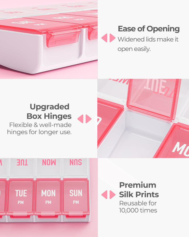 AMOOS Weekly Pill Organizer 2 Times a Day, Large Compartments, BPA-Free | AM PM Pill Box 7 Day in Pink & White, Pill Case Easy to Use, Pill Container for Vitamins, Fish Oils, Supplements, Medicines 01-pink