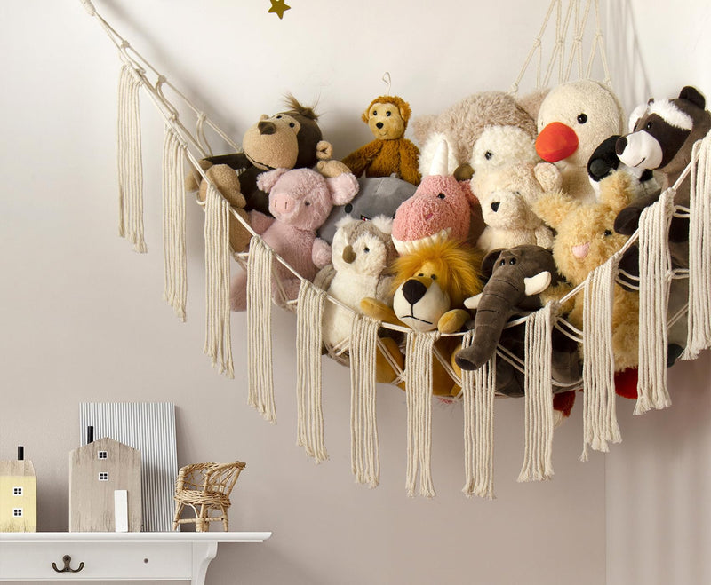 [Australia] - Stuffed Animal Hammock Corner with LED Light - Toy Storage Hammock Plushie Net Large - Cute Stuff Animals Holder Hanging Organizer - Baby Room Decor Kids Toddler Nursery Bedroom Boho Beige Large(43"*43"*56") 