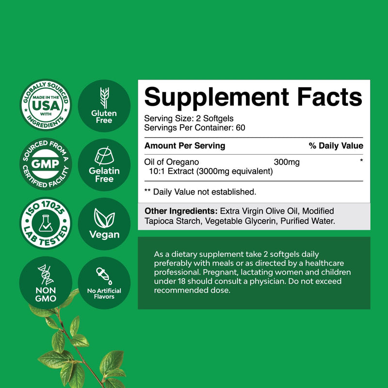 [Australia] - Vegan Wild Oregano Oil Softgels - Super Concentrated Oil of Oregano Softgels with 3000mg Herbal Equivalent and Min 70% Carvacrol for Gut Heart Detox and Immune Support - Vegan & Non-GMO (120ct) 120 Count (Pack of 1) 