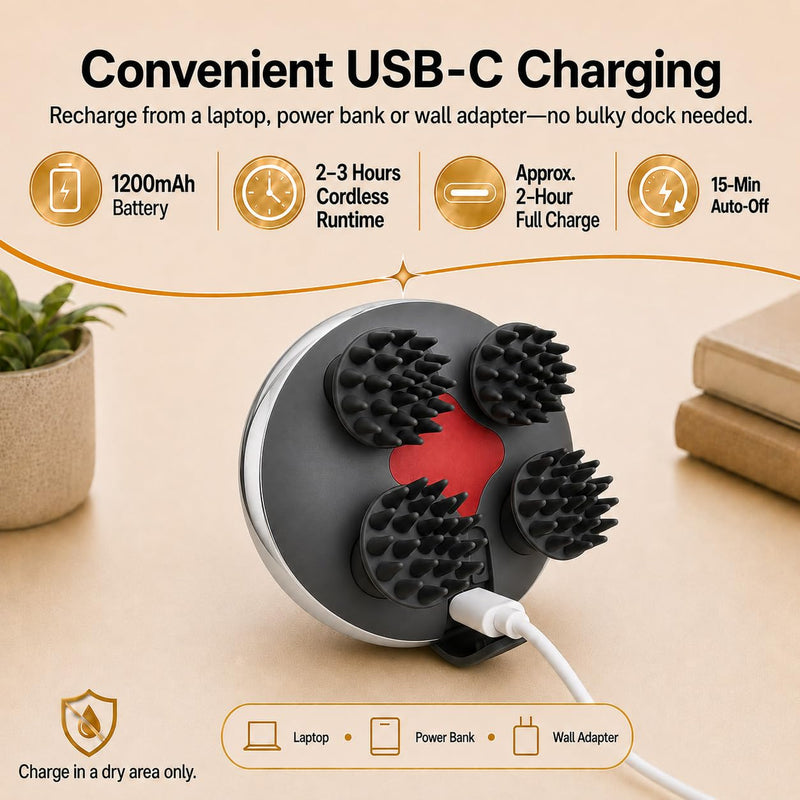 Melonsun Electric Scalp Massager, 2 Claw Sets, IPX7 Waterproof, Silver | Metallic Finish, Anti-Tangle 360° Kneading, 100 Nodes + 1,000+ Cleansing Tips, 3 Modes, USB-C Rechargeable, 15-Min Auto-Off