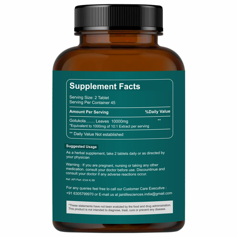 [Australia] - 100% Organic Gotu Kola Tablets 10,000mg (90 Count) Vegan & Gluten-Free Herbal Supplement, No Added Colors, Flavors, & Preservatives, 90 Tablets (Pack of 1) 