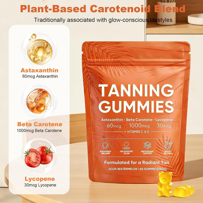 2026 New Skin Tanning Gummies for Women, Astaxanthin, Beta Carotene & Lycopene Blend with Vitamins C & E, Radiant Healthy Skin, Sour Watermelon Flavor, Vegan & Sugar-Free, 60 Count. (1 Pack)