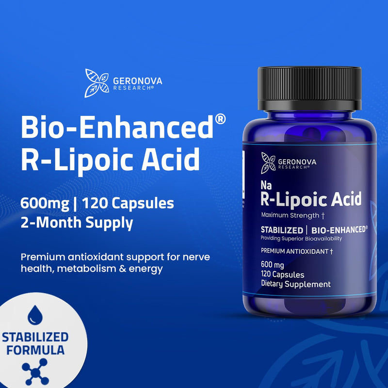 [Australia] - Bio-Enhanced R-Lipoic Acid, 600 mg Capsules - 2 Month Supply - Stabilized R Alpha Lipoic Acid with Enhanced Absorption - R Lipoic Acid Supplement - 120 Count 