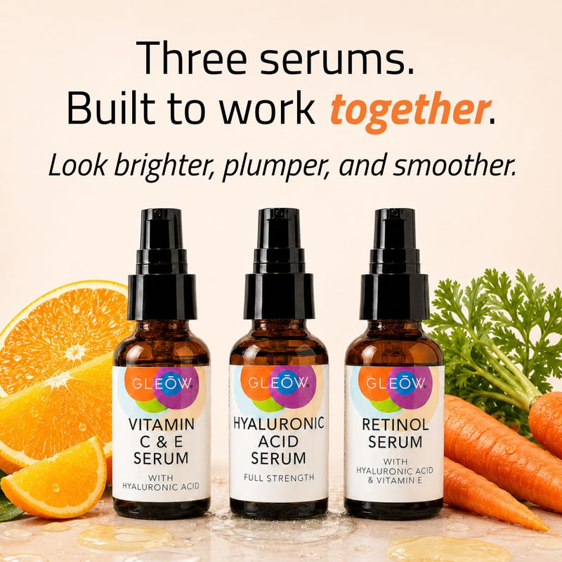 GLEOW Skincare Set: Retinol, Vitamin C, and 99% Hyaluronic Acid Serum, Face Serum Set Targets Appearance of Uneven Skin and Dryness, Total Package Serum Set 3x2 oz Combo pack 2oz