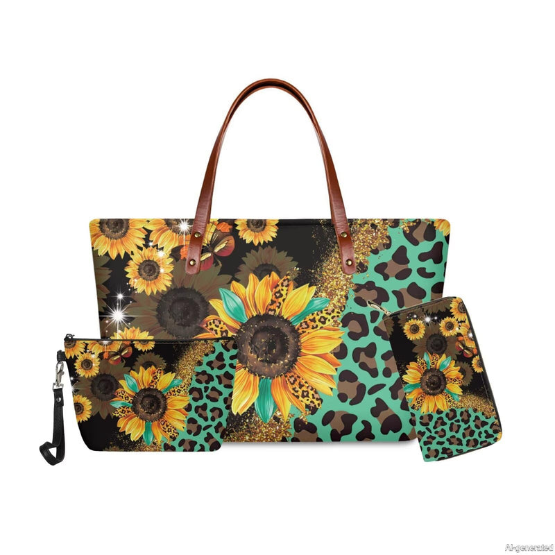 GIFTPUZZ Women Top Handle Bags Handbags with Zipper Leather Wallet Cash Card Phone Holder and Makeup Bag Set 3pcs Sunflower Leopard Print