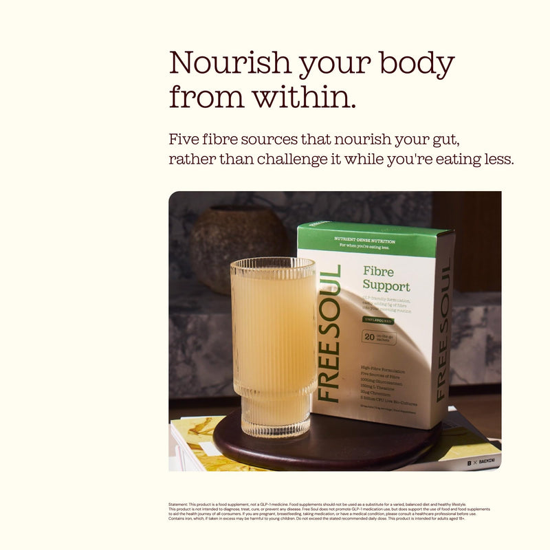 Fibre Support for GLP Journeys | High Fibre Powder with 5 Billion CFU Live Bio-Cultures 9 Strains | 5g Fibre with L-Theanine, Chromium & Superfoods | GLP-Friendly | 20 Sachets | Free Soul
