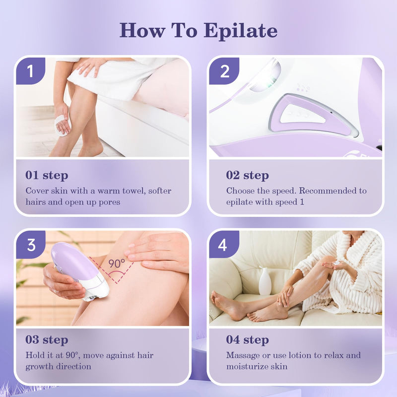 Epilators, 2-Speed Painless Smooth Glide Epilator for Women, Cordless Rechargeable Facial Hair Removal Epilator, Hair Removal Device for Women's Face Legs Bikini Area Arms Legs Purple