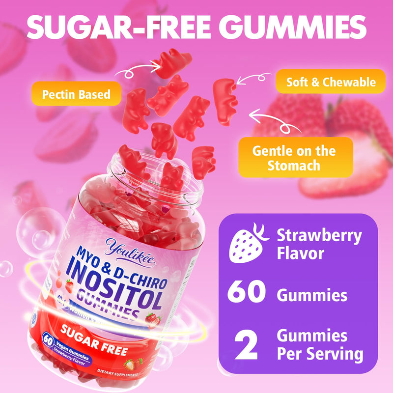 2 Pack Myo-Inositol & D-Chiro Inositol Gummies for Women, 120 Count | Ideal 40:1 Ratio with Vitamin D3, Folate, Magnesium and Zinc - Support Female Health & Wellness, Strawberry Flavor 60 Count (Pack of 2)