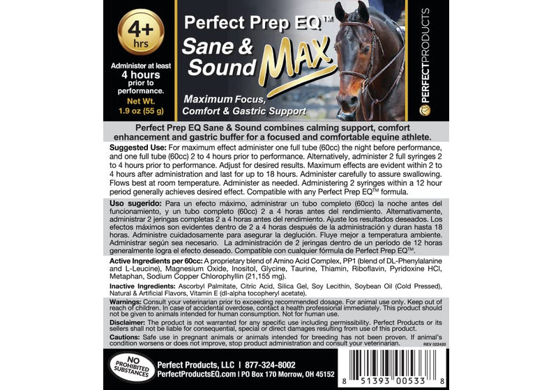 Perfect Prep EQ Sane and Sound MAX Horse Calming Paste, Long-Acting, Max Strength Calming for Soundness and Anxiety, Show Safe, 60cc - PawsPlanet Australia