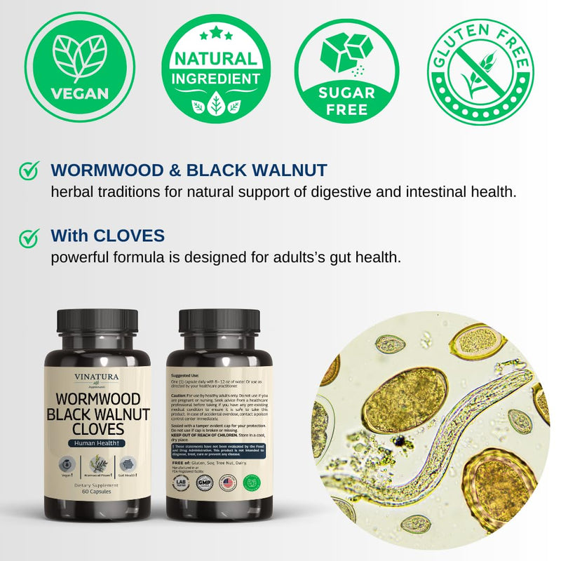 [Australia] - Wormwood Black Walnut Clove Capsules - Cleanse, Detox, Intestinal Guard Formula Supplement for Humans, with Wormwood herb, Black Walnut Extract Combination, 60 Capsules 