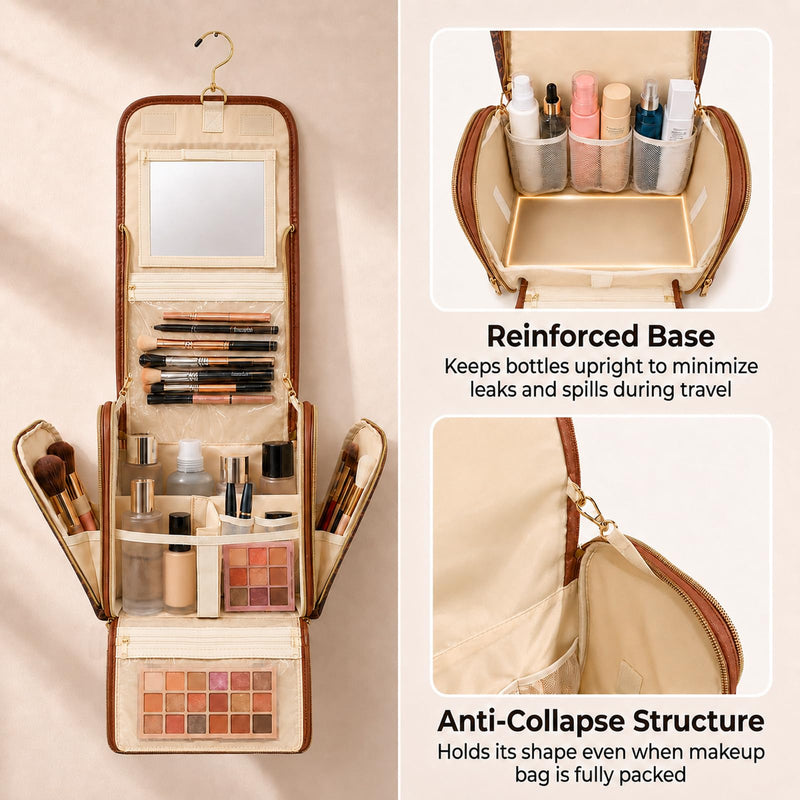 Women Travel Toiletry Bag Large Hanging Toiletry Bag with Mirror | Leather Makeup Bag Organizer with Removable Partition & Hook,Travel Cosmetic Organizer for Full-Size Toiletries Accessories Brown