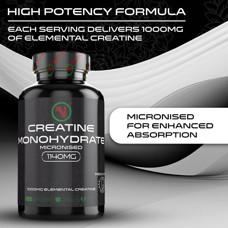 Creatine Monohydrate Mega Capsules – Pre Workout & Post Workout Supplement for Muscle Performance & Recovery – 1000mg Elemental Creatine Per Capsule – 3 Capsules Per Day (Mega Caps x 90)