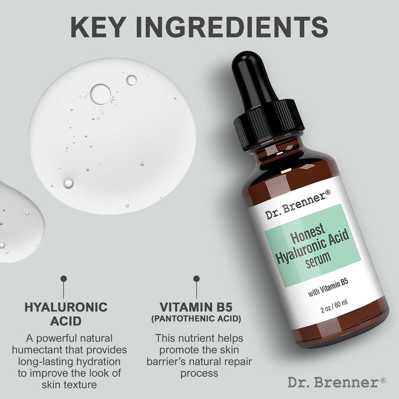 2 oz. Hyaluronic Acid Serum For Skin, Made with 100% Pure Hyaluronic Acid, Plumping, Anti-Aging, Hydrating, Moisturizing HA Serum With Vitamin B5 by Dr. Brenner (2 oz) 2 oz