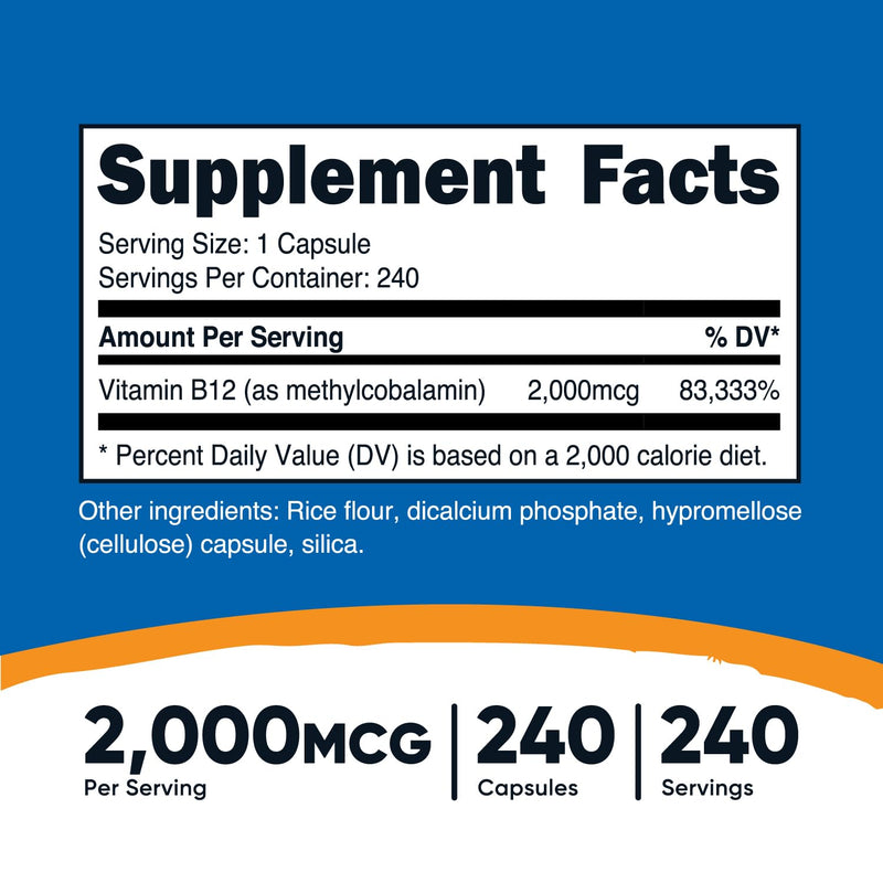 Nutricost Vitamin B12 (Methylcobalamin) 2000mcg, 240 Capsules - Vegetarian Caps, Non-GMO, Gluten Free B12 Supplement 240 Count (Pack of 1)