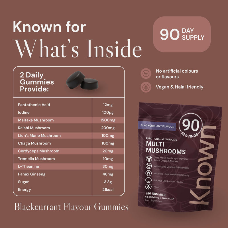Known Multi Mushroom Gummies 1,930mg/Serving – Blackcurrant Flavour – Lions Mane, Reishi, Cordyceps – Brain & Focus, Immune Support – 180 Gummies, 3 Month Supply – Value Pack – Vegan Supplement Original Strength 1930mg Pouch
