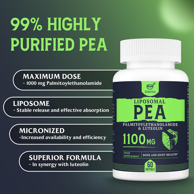 Liposomal Palmitoylethanolamide (Pea) 1100mg with Luteolin, Micronized Pea - High Purity, Super Absorption and Optimal Effectiveness, 60 Softgels (Pack of 1) 60 count (Pack of 1)