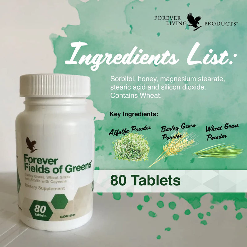 [Australia] - Forever Living - Forever Fields of Greens: Green Superfood Supplement for Cleansing - Alkalize with Barley Grass, Wheat Grass, Alfalfa - 80 Tablets 