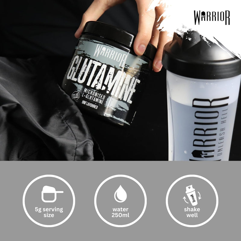 Warrior Glutamine 500g - Pure Micronised L-Glutamine Powder - Amino Acid - Muscle Growth & Recovery Supplement- Gut Health - Mix in Protein - Pre and Post Workout - 100 Servings (Unflavoured) 500g - 100 Servings