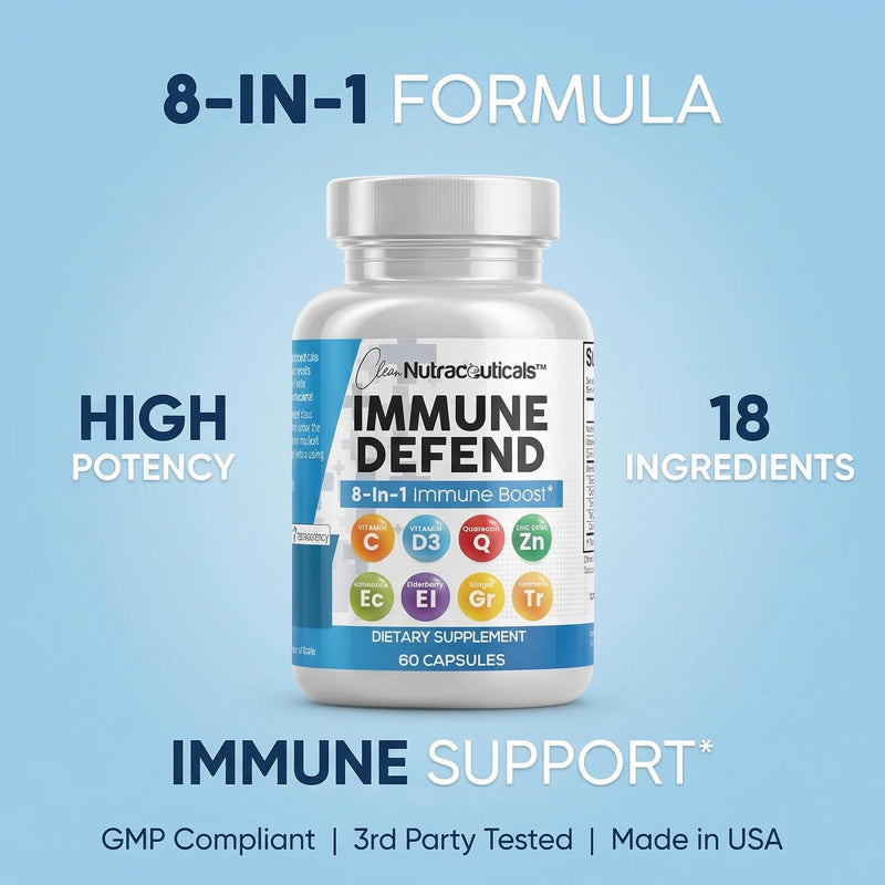 Clean Nutraceuticals Immune Defense Support Supplement 8 in 1 with Zinc 50mg Quercetin, VIT C 1000mg, Vitamin D3 5000 IU, Elderberry, Ginger - Immunity System Booster for Adults, Vegan - 60 Count