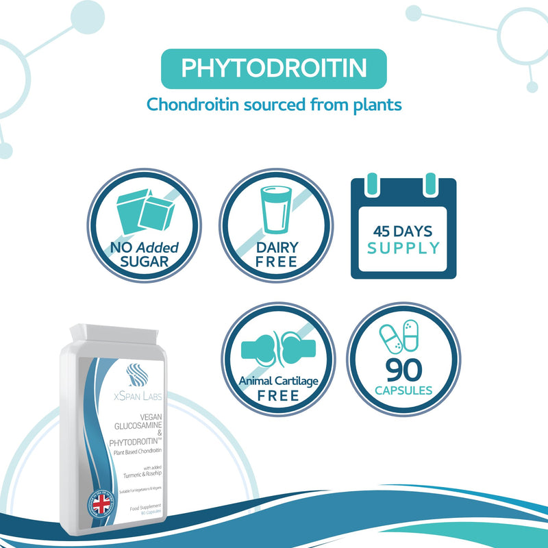 Vegan Glucosamine & Phytodroitin™ 90 Capsules - with Plant Based Chondroitin, Turmeric, Rosehip and Vitamin C to Promote the Health of Cartilage and Bones - UK Made