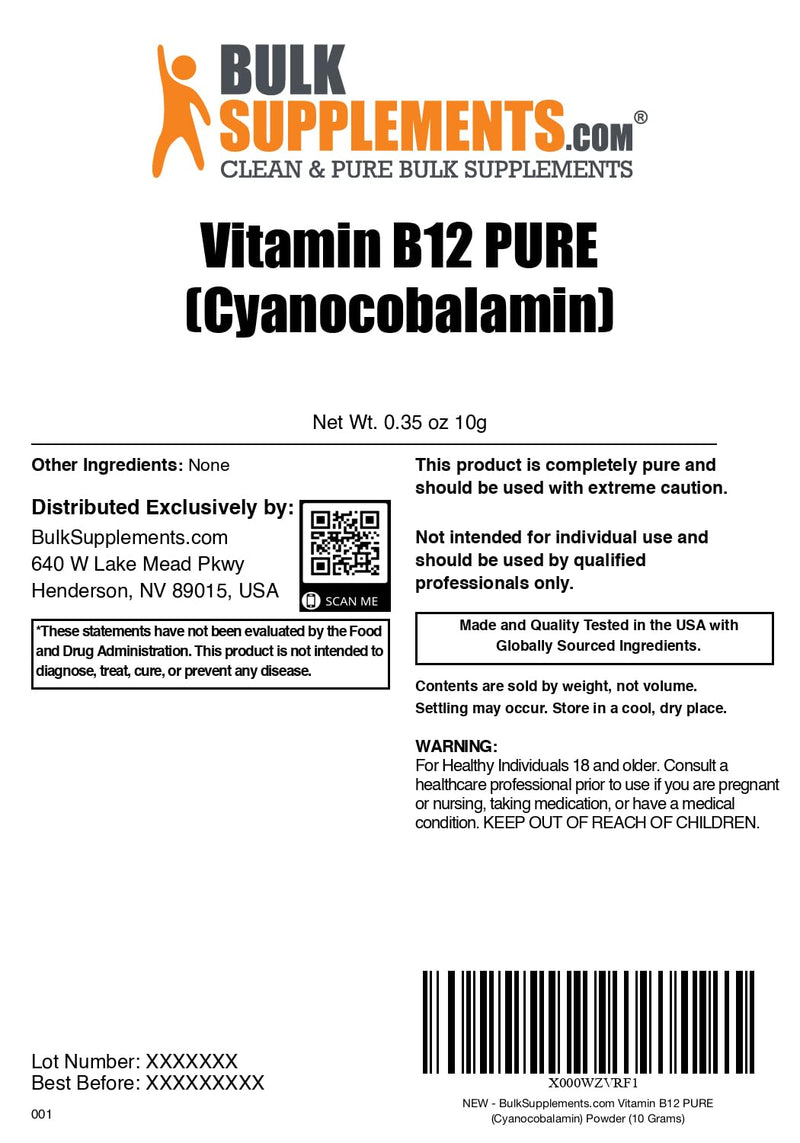 BulkSupplements.com Pure Cyanocobalamin (Vitamin B12) Powder - B 12 Vitamin - B12 Vitamins - Vegan Vitamin - B12 Cyanocobalamin - B12 Supplement - Energy Vitamins (10 Grams - 0.35 oz) 0.35 Ounce (Pack of 1)