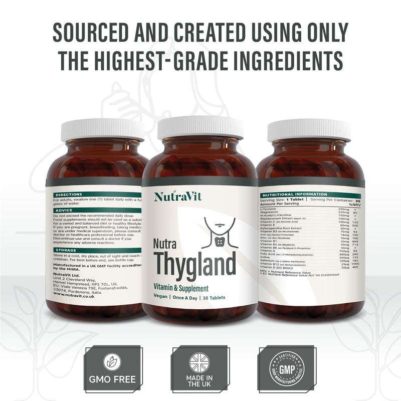 NutraThygland - Supports Normal Thyroid Function - with Selenium, L-Tyrosine, Iodine & Ashwagandha, Vitamin B2, B6, B12 & Iron - Improve Energy Levels - NutraVit, 30 Tablets