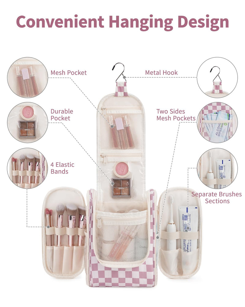 Narwey Small Checked Hanging Travel Toiletry Bag with 6 Set Compression Checkered Packing Cubes