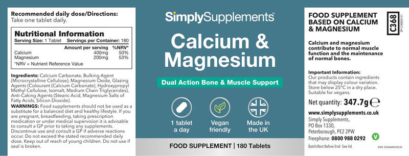 Calcium & Magnesium Tablets | Supports Bone Health, Muscle Function & Reduces Tiredness | Vegan & Vegetarian Friendly | 180 Tablets = 6 Months' Supply | GMP Certified & Made in UK Unflavoured 180 count (Pack of 1)