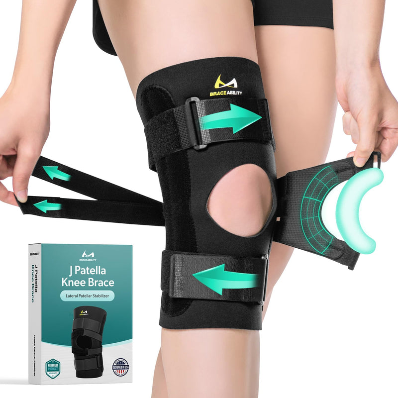BraceAbility J Patella Knee Brace - Lateral Patellar Stabilizer with Medial and J-Lat Support Straps for Dislocation, Subluxation, Patellofemoral Pain, Left or Right Kneecap Tracking (Medium) Medium