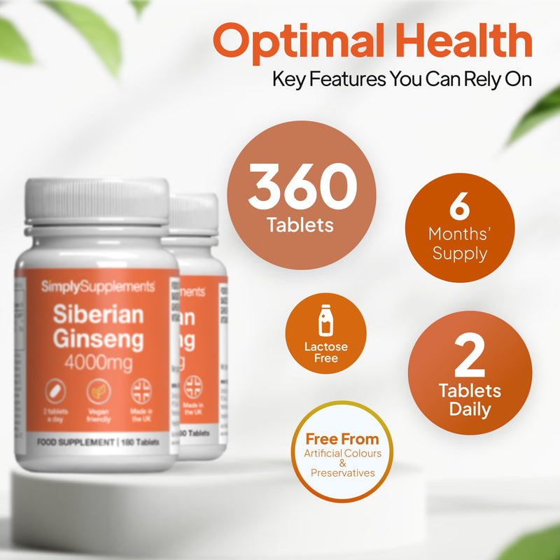 Siberian Ginseng Tablets | Supports Mental Performance & Reduces Fatigue | Suitable for Vegans and Vegetarians | 360 Tablets = 6 Months’ Supply | Made in The UK in Accordance with GMP Standards Unflavoured 180 count (Pack of 2)