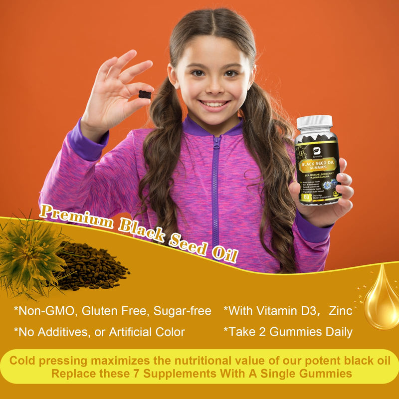 [Australia] - Black Seed Oil & Sea Moss Gummies, Organic Irish Sea Moss Gummies with Ashwagandha, Black Seed Oil, Elderberry, Turmeric, Vitamin D3/C and Zinc - Support Joints, Digestion, Hair & Skin 60 Count (Pack of 1) 