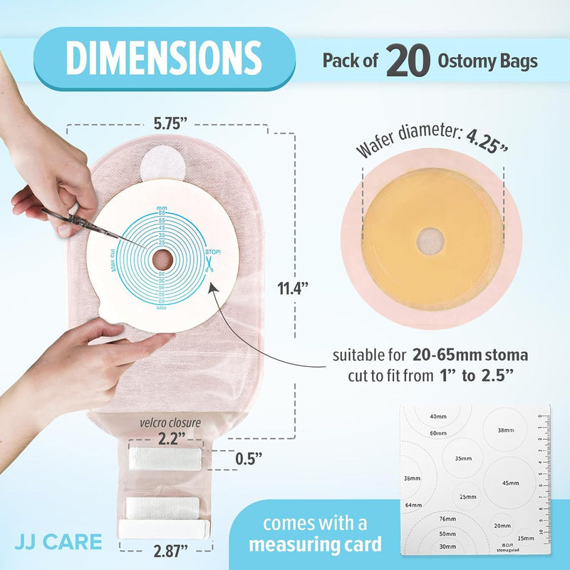 [Australia] - JJ CARE Colostomy Bags 20 PCS, One-Piece Pouching Ostomy Bags, No Mess Ostomy Supplies for Ileostomy, Colostomy, Urostomy Stoma Care with Odor Barrier, Drainable Ostomy Pouch with Cut to Fit Closure 