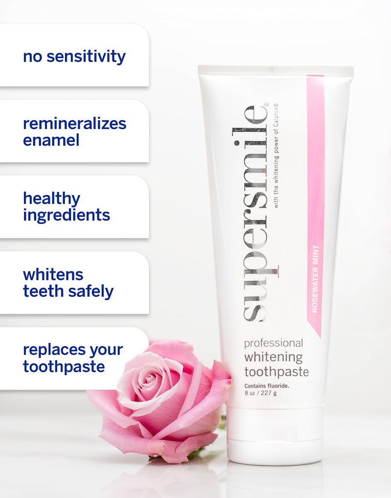 Supersmile Rosewater Mint Whitening Toothpaste, with Fluoride, 8 Oz | Whitens 3 Shades After 1 Day, Moroccan Rosewater + Spearmint Flavor, Veneer Safe, RDA 65, Cavity Protection 8 Ounce (Pack of 1)